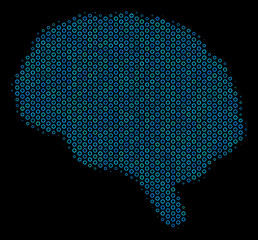 Halftone Brain collage icon of spheric bubbles in blue shades on a black background. Vector spheric dots are united into brain composition.
