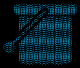 Halftone Bucket composition icon of circle bubbles in blue color tinges on a black background. Vector circle bubbles are combined into bucket composition.