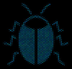 Halftone Bug collage icon of spheres in blue shades on a black background. Vector round spheres are composed into bug illustration.