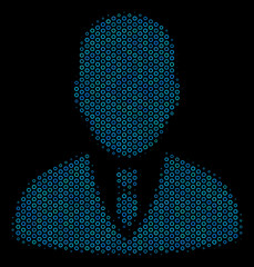 Halftone Businessman collage icon of empty circles in blue color hues on a black background. Vector empty circles are organized into businessman collage.