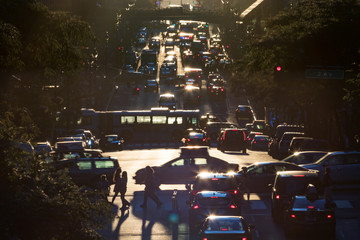 Traffic on 42nd Street through Midtown Manhattan at rush hour in New York City