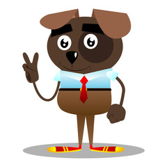 Cartoon illustrated business dog showing the V sign.
