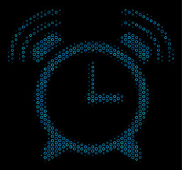 Halftone Buzzer composition icon of empty circles in blue color tints on a black background. Vector empty circles are combined into buzzer illustration.