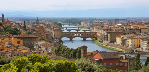 Beautiful cityscape skyline of Florence (Firenze), Italy with bridges over river Arno