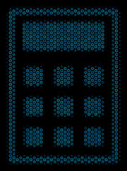 Halftone Calculator collage icon of circle elements in blue color tones on a black background. Vector circle bubbles are composed into calculator mosaic.