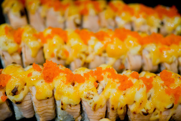 buffet food, catering food party at restaurant, mini canapes, snacks and appetizers