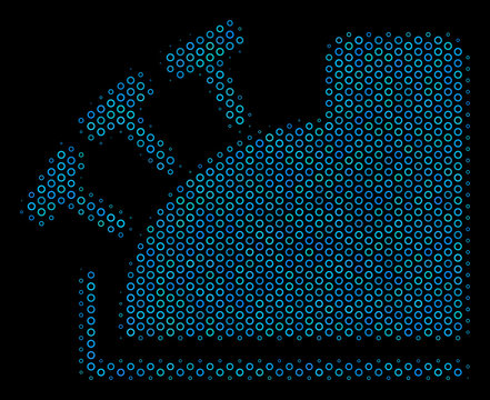 Halftone Cash register mosaic icon of circle elements in blue color tints on a black background. Vector circle bubbles are grouped into cash register mosaic.
