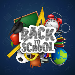 Back to School with school supplies and doodles on blue chalkboard background