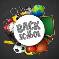 Back to School banner with school supplies and doodles on blackboard background