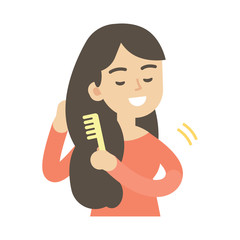 Young woman combing hair, cute vector illustration..