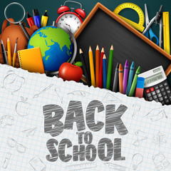 Back to School banner with school supplies on blue chalkboard background