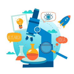 Research, science lab, scientific experiment, testing, microscope research flat vector illustration design for mobile and web graphics