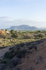Mountain pico del agudo  La Murada Orihuela, Spain Mountain landscape with path. Hiking and healthy life.natural landscape of the Spanish Levante with vgetation and arid land sunrise light in spring