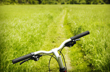 Fototapeta na wymiar Bike riding country road. View from bikers eyes