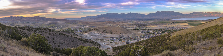 Sunset Panorama of Utah Valley with views of lake