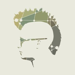 Man avatar profile view. Male face silhouette or icon with mohawk hairstyle. Connected lines with dots.