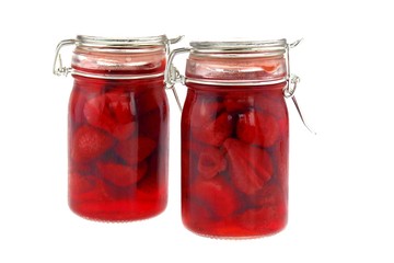   strawberry jam in glass jar isolated on white background. Berry season. strawberry crop