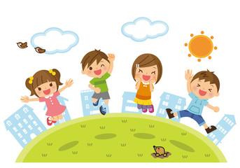 外でジャンプする子供たち