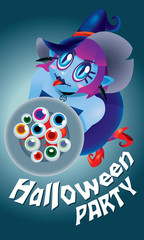A cute witch holding a plate of eyeballs. With spooky background.