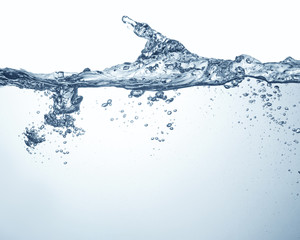 clean blue water surface with splash and air bubbles on white background