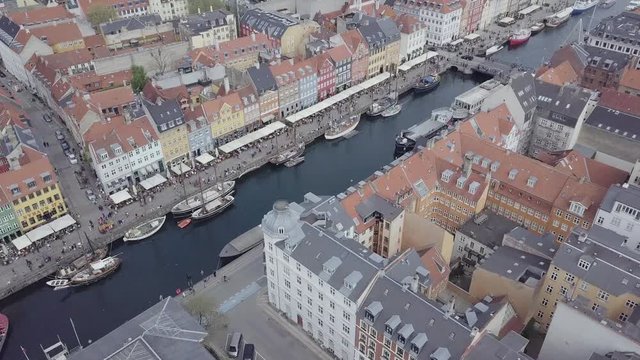 Aerial shot down from a drone of the Nyhaven region of Copenhagen