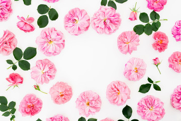 Frame of pastel pink roses and petals on white background. Flat lay, top view. Flower pattern with pink flowers