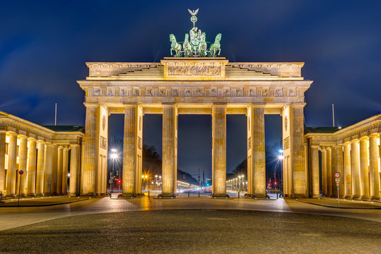 The illuminated Brandenburg Gate in Berlin at night