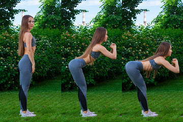 A woman trainer in a sporty short top and gym leggings shows the correct technique of tilting forward for inflating the buttocks,three exercise slides, hands in front of him on a summer day