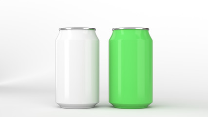 Two small white and green aluminum soda cans mockup on white background