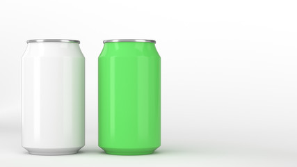 Two small white and green aluminum soda cans mockup on white background