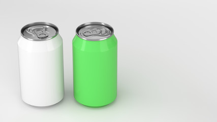 Two small white and green aluminum soda cans mockup on white background