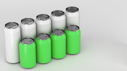  White and green soda cans standing in two raws on white background