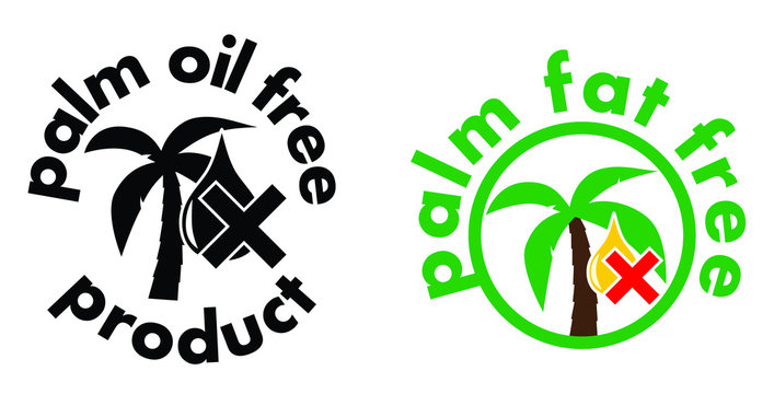 Palm oil/fat free product icon. Tree and drop symbol with cross. Black and white, or colour sign version.