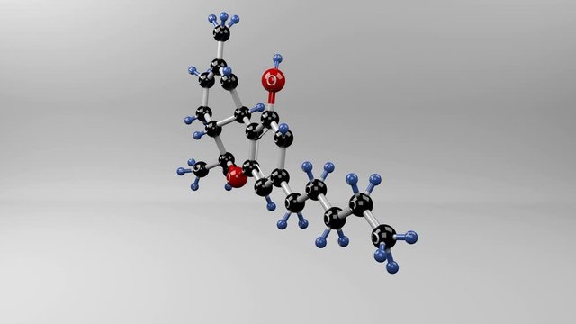 Tetrahydrocannabinol molecule. Molecular structure of THC, psychoactive compound in marijuana.