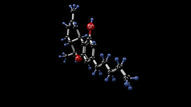 Tetrahydrocannabinol molecule. Molecular structure of THC, psychoactive compound in marijuana. Alpha channel.