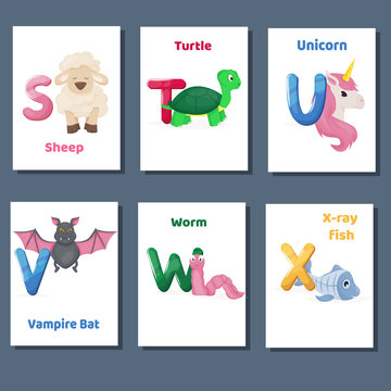 Alphabet printable flashcards vector collection with letter S T U V W X. Zoo animals for english language education.