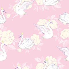 Seamless pattern with white swans. White swans on pink background. Vector illustration.