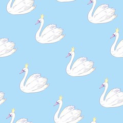 Seamless pattern with white swans. White swans on pink background. Vector illustration.
