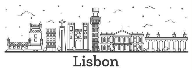 Outline Lisbon Portugal City Skyline with Historic Buildings Isolated on White. - obrazy, fototapety, plakaty
