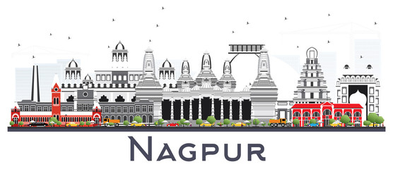 Nagpur India City Skyline with Gray Buildings Isolated on White.
