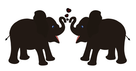 Pair of elephant calf baby facing cartoon vector illustration with red hearts against white background