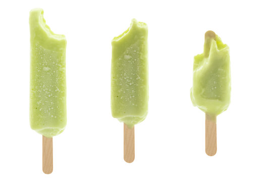 set of bitten green popsicle isolated on white background