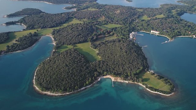 Revealing drone shot of beautiful island group in Adriatic Sea, national park and nature reserve in Croatia