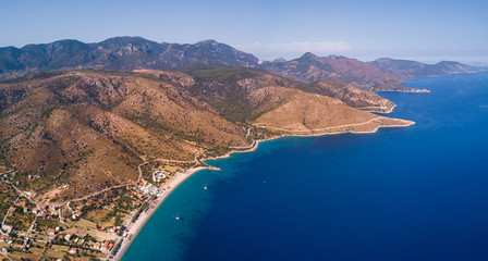 Fototapeta na wymiar Amazing aerial photo of Datca peninsula, indented coastline and beautiful turquoise water of water of mediterranean and aegean seas, Turkey