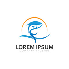 jump fish logo water sun template vector