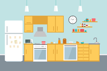 Kitchen with furniture. Cozy kitchen interior with table, stove, cupboard, dishes and fridge. Flat style illustration.