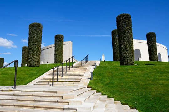 Steps leading to the front of the Armed Forces Memorial, National Memorial Arboretum, Alrewas, Staffordshire, UK.