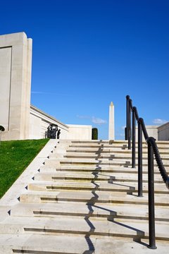 Steps leading to the front of the Armed Forces Memorial, National Memorial Arboretum, Alrewas, Staffordshire, UK.