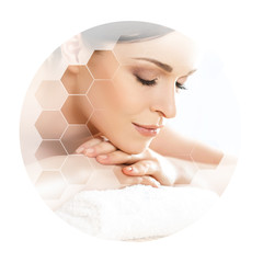 Young and beautiful woman in spa. Collage with honeycomb mosaic tiles. Massaging and healing concept.