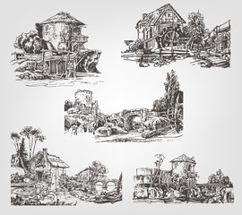 Set of illustrations with watermills. Vector graphic hand drawing